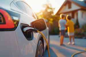 E-Auto wird aufgeladen im Hintergrund zwei Kinder